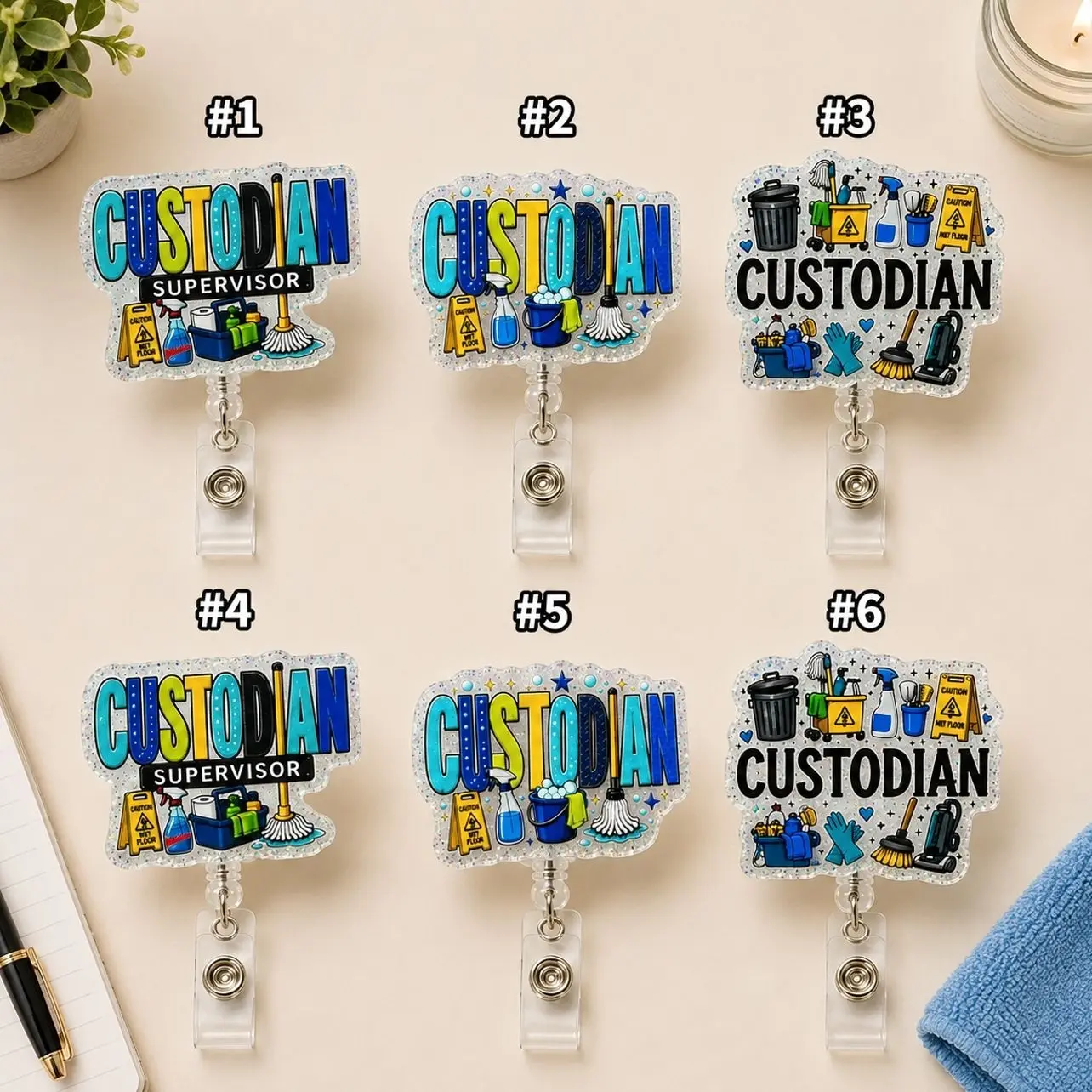 Cute Custodian Badge Reel – Glitter Acrylic ID Holder, Retractable Badge Clip for Janitors, Housekeepers, Cleaning Staff, School Custodians