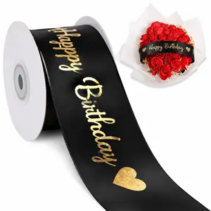 Black Satin Ribbon - 2 in Wide, 10 yd Long, Glitter "Happy Birthday" Print, DIY Scrapbooking Embellishment for Gift Wrap, Party Decor