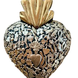Elegant Wooden Heart with Mexican Milagritos Decorative Artwork Featuring Intricate Designs and Unique Shapes in Three Sizes