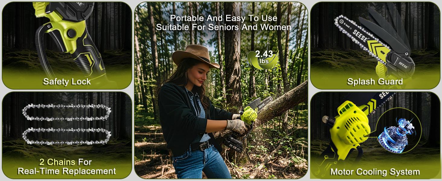 【SummerVibes】SEESE Brushless Mini ChainSaw Oil System- Portable Electric Cordless Saw for Wood Cutting, Batteries (2000mAh) ,Pruning, Gardening, Camping - Suitable for Seniors, Women Holiday gifts