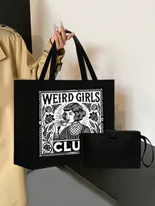 Weird Club Tote Bag Set, 1950s Vintage Gothic Women Design, Casual Trendy Bag, Large Capacity Multi-Pocket Tote, Reusable Storage Bags, All Seasons, Durable Handles