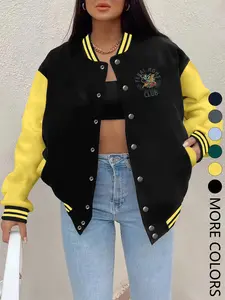 New Women's Baseball Jacket Fall Winter, Creative Letter Print Button Collars, Casual Sporty Fitted Everyday Outerwear Fashion Coat, Comfortable Versatile Jacket, Multiple Trend Colors
