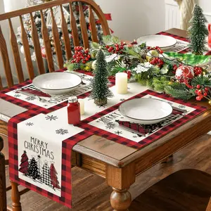 4/5/7pcs Christmas table flag placemat set, black and red buffalo checkered Christmas tree print Christmas party decoration table mat, anti slip and heat-insulating tableware mat, New Year's and Christmas indoor and outdoor ceremonial decorative placemat