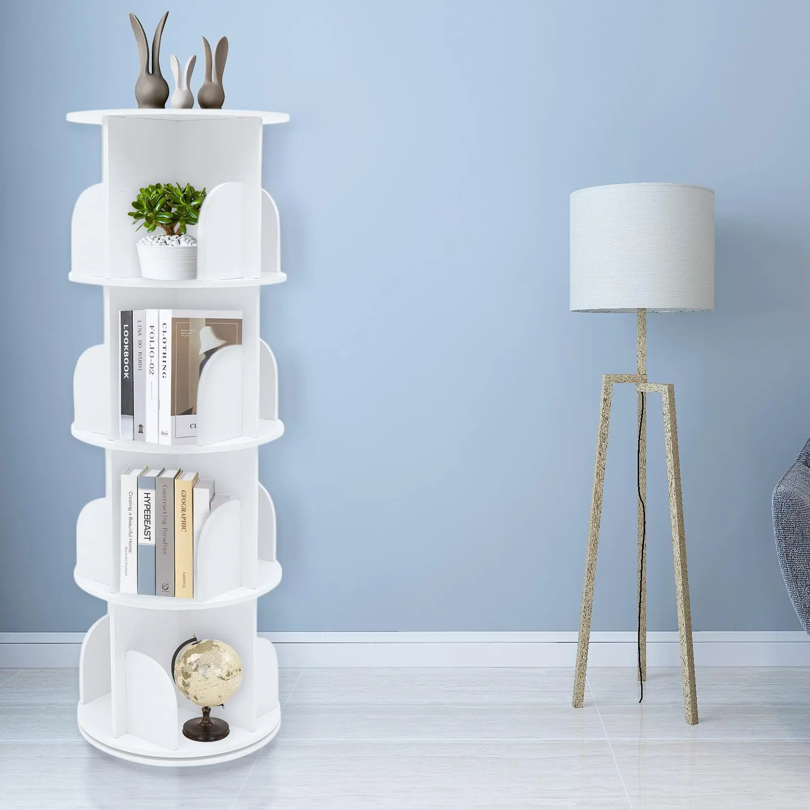 Modern Bookshelf Tower, 360-Degree Rotating Minimalist Floor-Standing Storage Rack, 100kg Capacity PVC Home Organizer for Bedroom