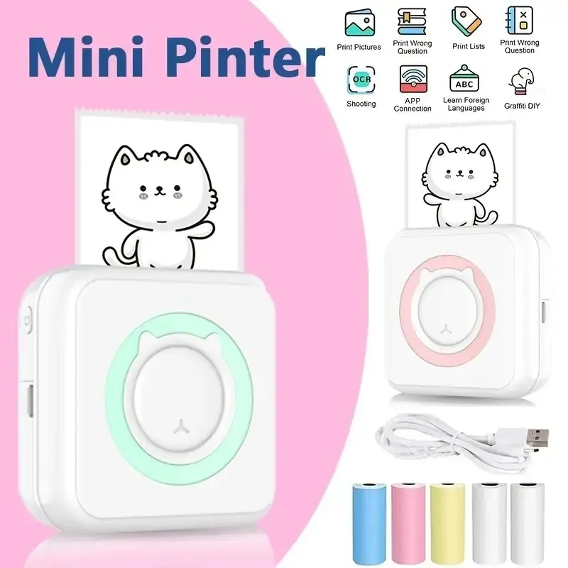 Portable Mini Thermal Photo Printer, 1 Count USB Rechargeable Bt Wireless Photo Printer with 1 Roll Paper, Inkless Thermal Printer, Inkless Mobile Printer, Inkless Printing, Office Stationery & Supplies, Thermal Pocket Printer