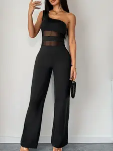 2026 Summer New European Style Women's Fashion Knitted Asymmetrical Neck Sleeveless Waist Cinched Mesh Patchwork Straight Leg Long Pants Summer Jumpsuit