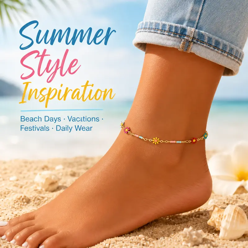Women's Feminine Daisy Flowers Anklet - Pastel Enamel Gold-Tone Alloy Bead Lightweight Chain Foot Jewelry, Adjustable 1-Piece Cute Floral Decorations Anklet, Summer Beach Accessory with Gift Box (Ideal for Birthday, Holiday Gifts), Anklets For Women