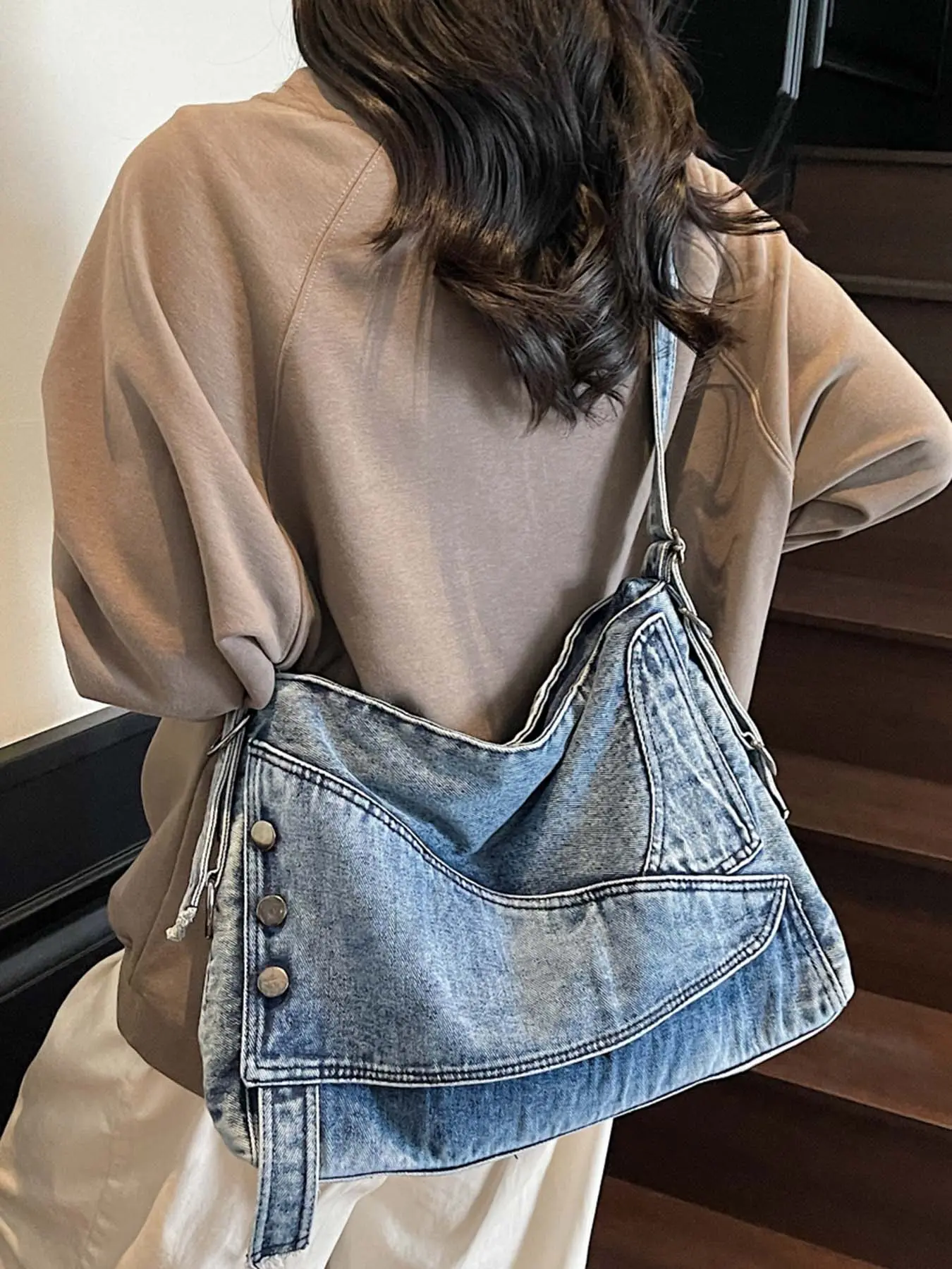 Retro denim messenger bag, Vintage shoulder bag, old washing process, unique tailoring button design, casual fashion, versatile colors optional, suitable for daily travel, Denim shoulder bag, Casual crossbody bag, Casual bags