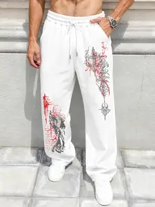 Men's Loose Fit Comfortable Sport Pants, Fashion Angel Graphic Print, Outdoor Activities, Casual Daily Trendy Straight Leg Jeans