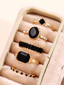 5pcs/Set Fashionable Exquisite Luxury High-End Versatile Casual Elegant Rhinestone Black Gemstone Gold Alloy Rings for Girlfriend Wedding Engagement Gifts engagement rings