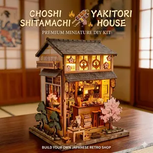 DIY 3D Wooden Book Nook Kit: Vintage Japanese Yakitori Bar Miniature House, Sakura Bookshelf Decor & Desk Ornament, Japandi Diorama Craft, Decorative Figures