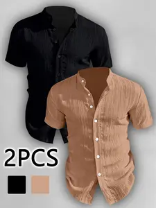 Men's Summer Short Sleeve Shirts, Lightweight Breathable, Solid Color Button Front, Stand Collar, 2-Pack Value Set