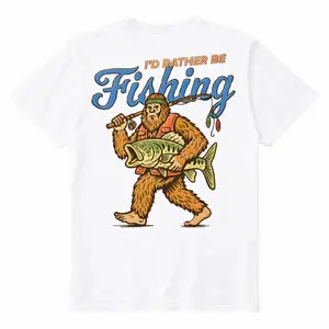 Graphic T-shirt Retro Forest Giant Fishing Tee, Funny Bigfoot Fishing Shirt for Men, "I’d Rather Be Fishing" Vintage Cryptidcore Graphic Tee, Cotton Casual Outdoor Streetwear, Oversized Trending