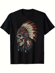 Men's & Women's Native American Feathered Skull & Beadwork T-Shirt - 220GSM Heavyweight Pure Cotton Retro Graphic Tee with Cultural Design, Casual Short Sleeve Shirt for Casual Attire
