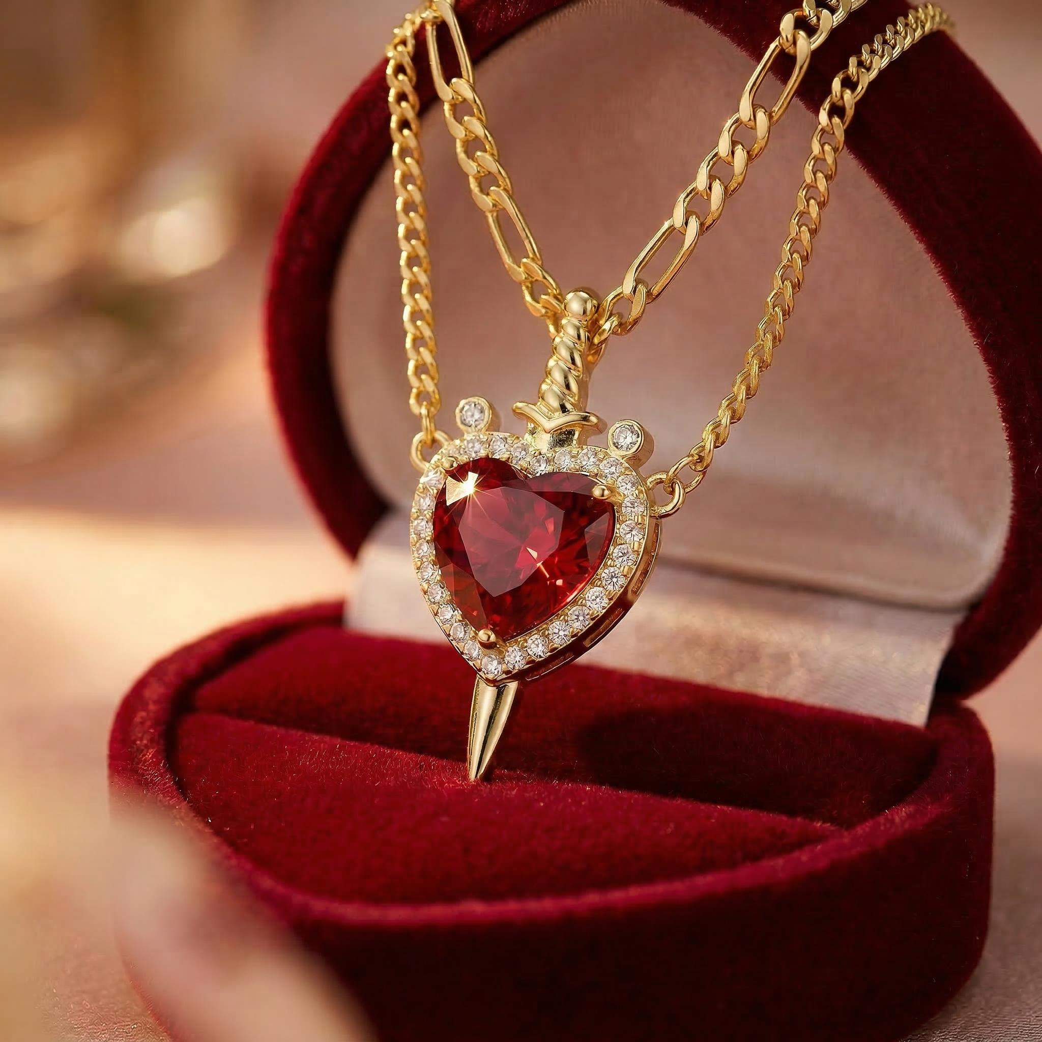 MEIITRUE 14K Gold Plated Heart Pendant Necklaces for Women Men, Zirconia Dagger Cross Pendant Necklace, Elegant Jewelry Gift for Couples