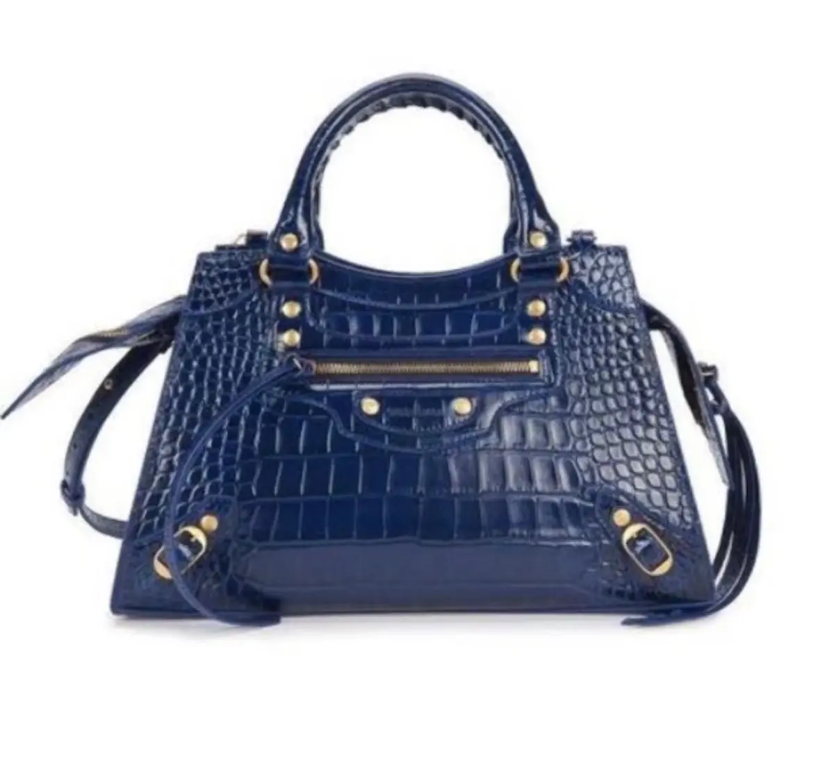 Pre-owned Balenciaga Neo Classic Small, Electric Blue Croc Embossed Leather Motorcycle Bag