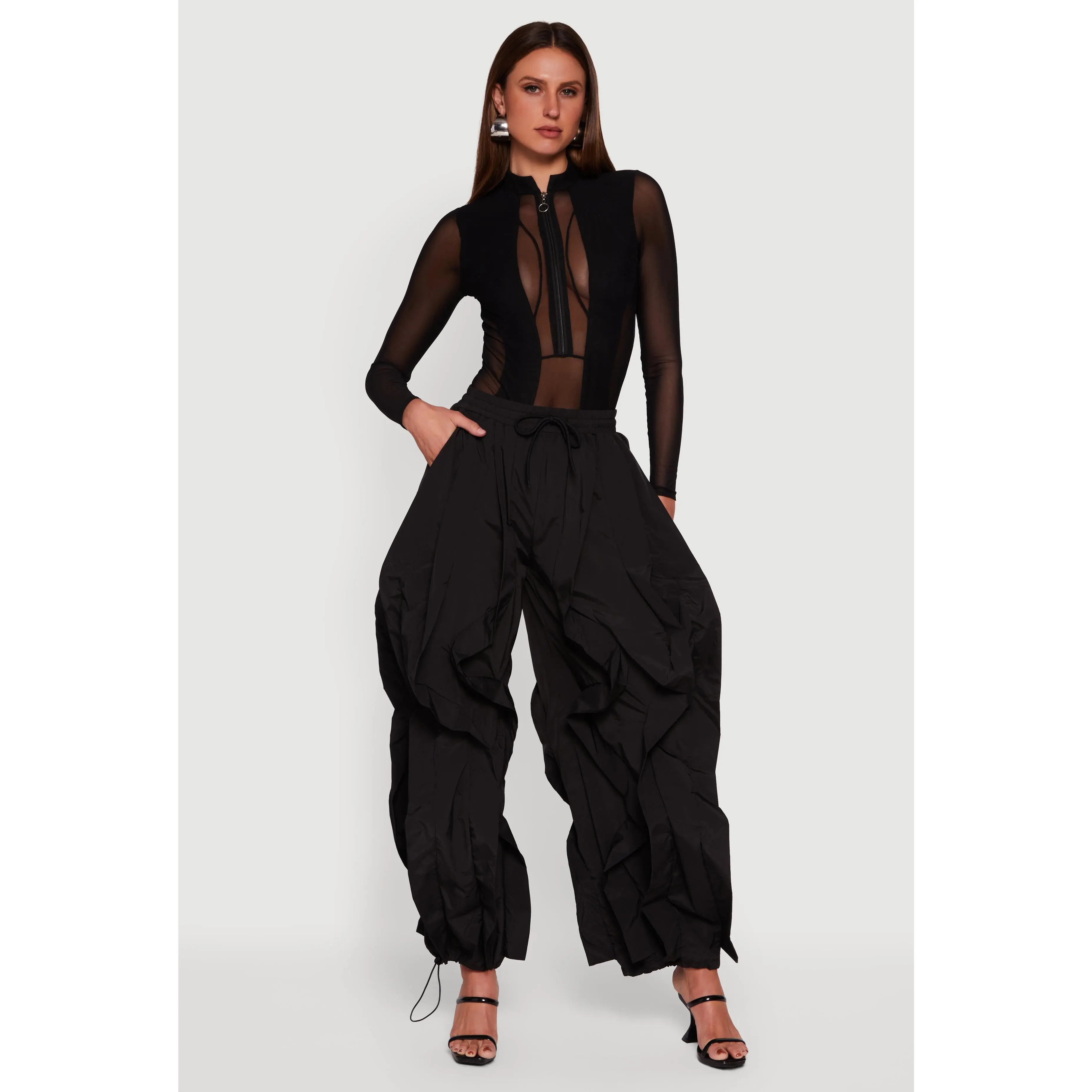 Drawstring Waist Ruffle Parachute Pants