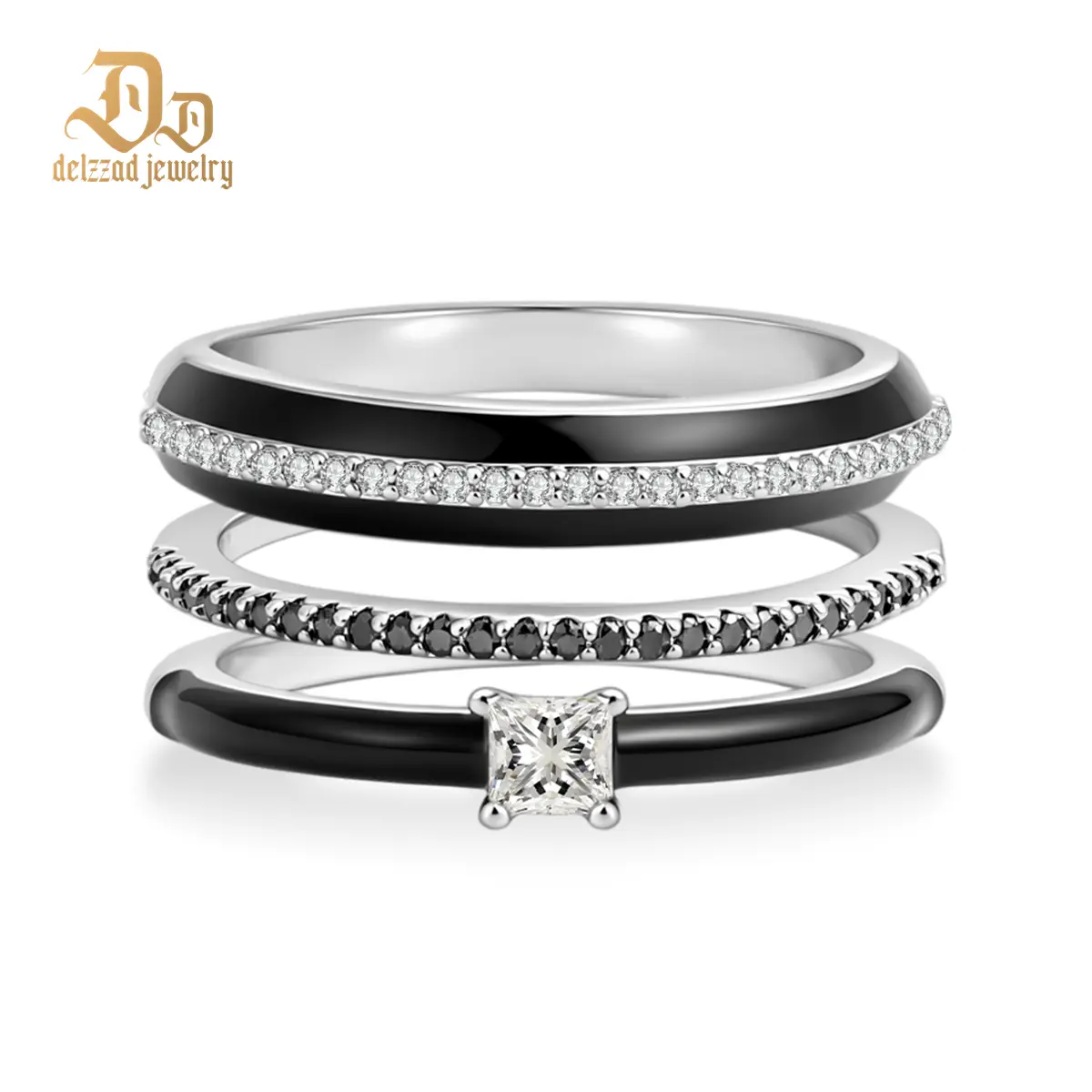 Delzzad 0.5ct The Timeless Noir Ring Elegant Black White Ring Band Two Tone Quiet Luxury Jewelry Princess Cut VVS Synthetic Moissanite Ring Jewelry Copper Band Perfect Birthday Engagement Wedding Anniversary Christmas Valentine's Day Mother's Day Gift