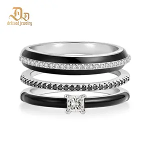 Delzzad 0.5ct The Timeless Noir Ring Elegant Black White Ring Band Two Tone Quiet Luxury Jewelry Princess Cut VVS Synthetic Moissanite Ring Jewelry Copper Band Perfect Birthday Engagement Wedding Anniversary Christmas Valentine's Day Mother's Day Gift