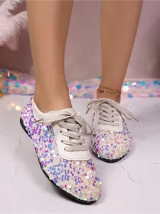 Women's Full Sequins Lace-Up Flat Shoes, Dreamy Fairy Style Party Sneakers