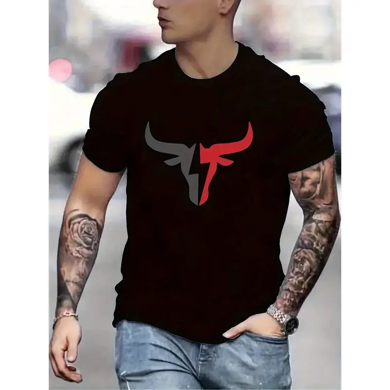 Men's 100% Cotton Casual Graphic T-Shirt - Bull Warrior Bull Head Printed, Round Neck, Short-Sleeve, Fitted Normal Type, Machine Washable Streetwear Top for Daily, Outdoor Use