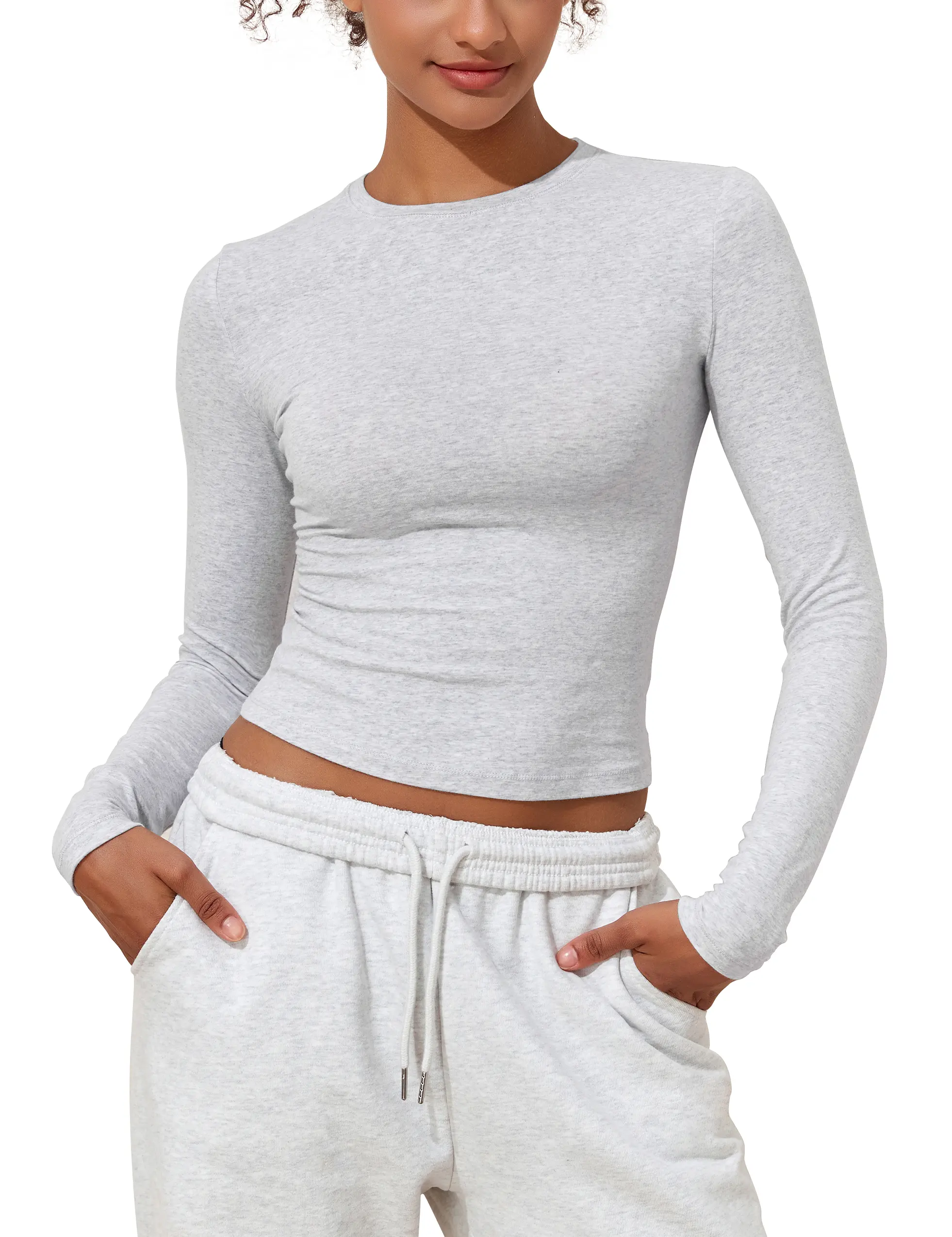 Hilor Women's Long Sleeve Crew Neck Cropped Tight-Fitted Comfortable Womenswear Y2K Style Sports Top for Going Out