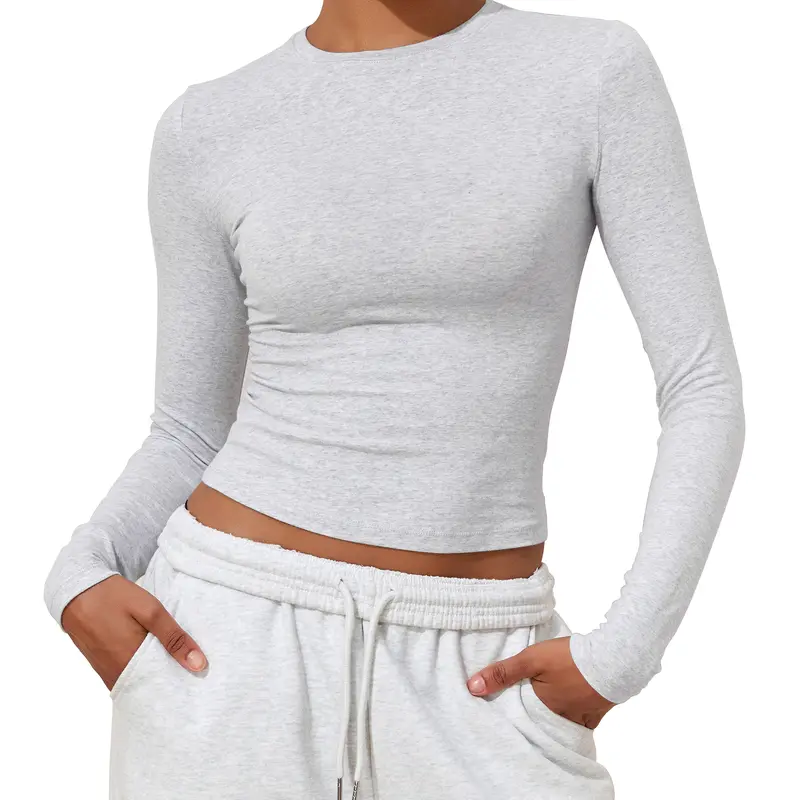 Hilor Women's Long Sleeve Crew Neck Cropped Tight-Fitted Comfortable Womenswear Y2K Style Sports Top for Going Out