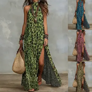 Women's Printed Scarf-Style Maxi Dress – Sleeveless, Split, Loose Boho