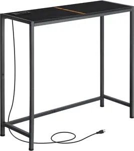 Black Narrow Console Table with Power Outlets & Metal Frame, 33.9in x 11.8in Slim Piece for Living Room, Foyer