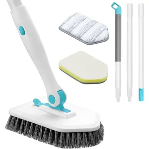 3 in 1 Long Handle Shower Scrubber, 3-in-1 Tile Tub Scrubber Brush with 3 Detachable Cleaning Heads Adjustable Handle Shower Cleaner for Bathroom Kitchen Toilet Wall Sink, Blue White