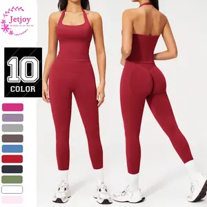 Jetjoy Women's 2-Piece Slim-Fitting Workout Sets for Women, Seamless Halter Neck & Backless Strappy Sports Bra with Matching Leggings, 19+ Color Options for Summer Gym Outfits
