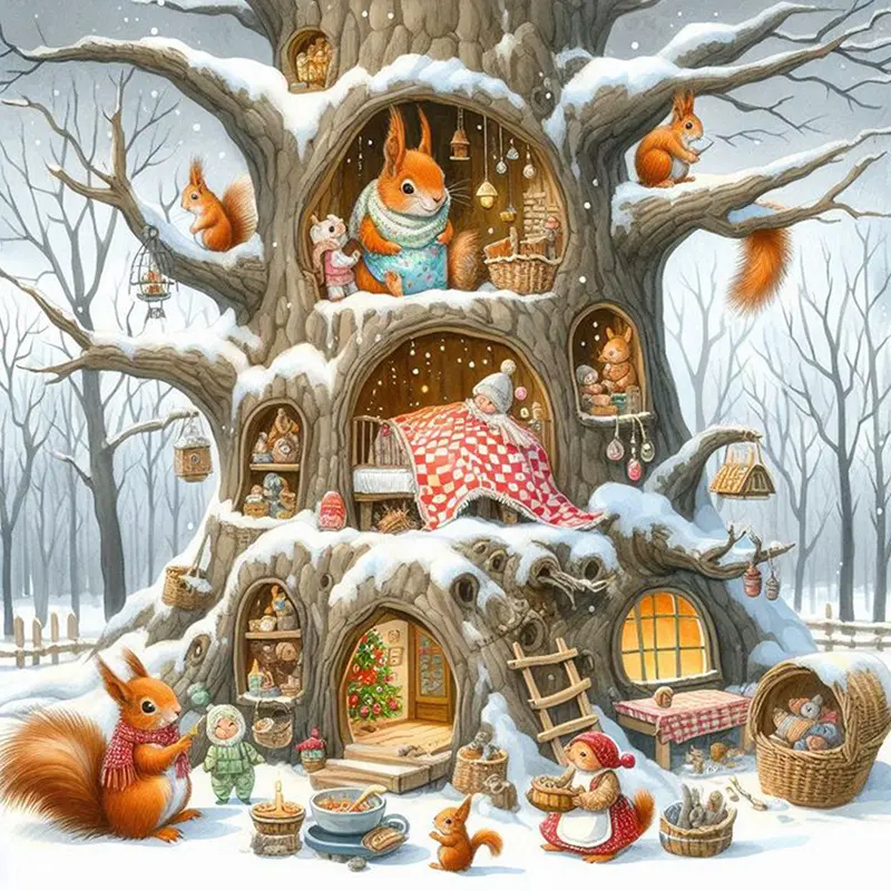 5D Diamond Painting Kit, DIY Kits Featuring a Winter Forest Squirrel Home Design, Creative Pattern Includes Shiny Round Acrylic Gems for Mosaic Art, Perfect for Wall Decoration And Stress Relief, Ideal Gift for Christmas, Handicraft, Handmade Gifts