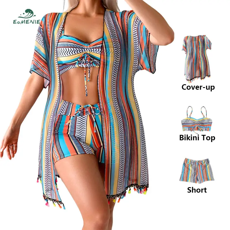 EOMENIE Women's 3 Pieces Bikini Set Swimsuit Tropical Beach Bikini Shorts Cover up Swimwear Bating Suit Hight Wasted Boho Tie-Front Bust Design