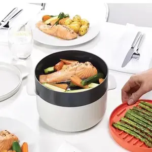 Kitchen Plastic Microwave Steaming Container Cookware Non-Stick Pan Composite Multi-Layer Bottom White Gray Orange 24.5x19.7x16.5cm Food Grade PP Material Steamers