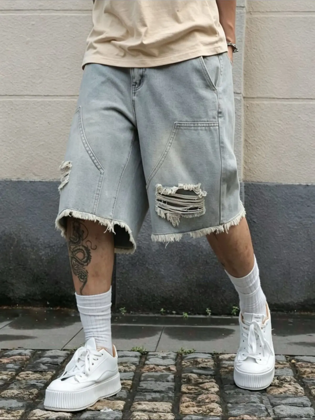Men's Ripped Light Wash Denim Shorts with Frayed Hem - Relaxed Fit Baggy Jorts with Distressed Details & Large Patched Pocket, Y2K Streetwear Bottoms, No-Logo, S-2XL, Fast US Shipping #RippedJorts #Y2KStreetwear #TikTokMadeMeBuyIt