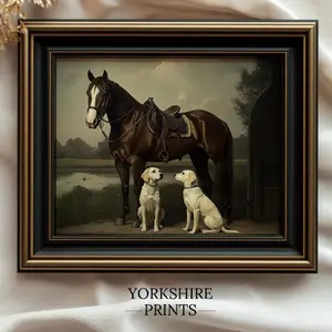 Vintage Countryside Equestrian Wall Art, Horse & Labrador Dog Printable, Moody Rustic Stable Scene Poster, Room Decor, 5 Size, 8x12 to 27x40 inch, Unframed