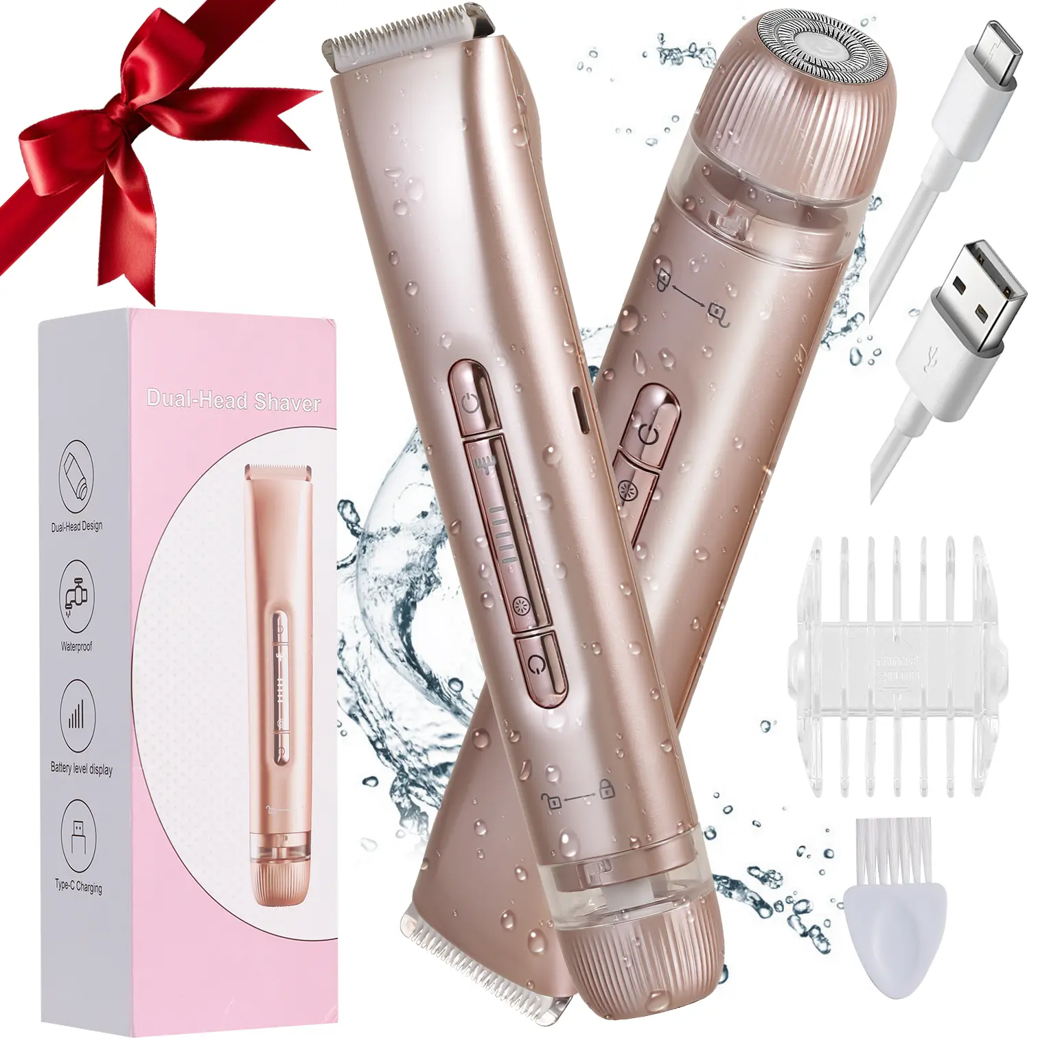 Women's 2-in-1 Cordless Ceramic Blade Hair Removal Trimmer - Electric Dual-Head Bikini Shaver, IPX7 Waterproof Rechargeable Cordless Trimmers, Skin-Friendly Lightweight Compact Form Razor for Bikini, Underarm, Face & Body Trim, Ideal Gift