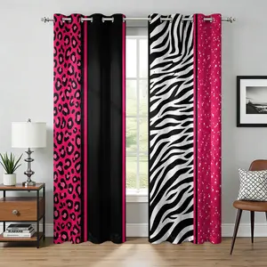 Cute Y2K Hot Pink Animal Print Blackout Curtains, Leopard Zebra Patchwork Window Curtains, Easy Install Grommet Curtains for Teen Bedroom Dorm Living Room Decor