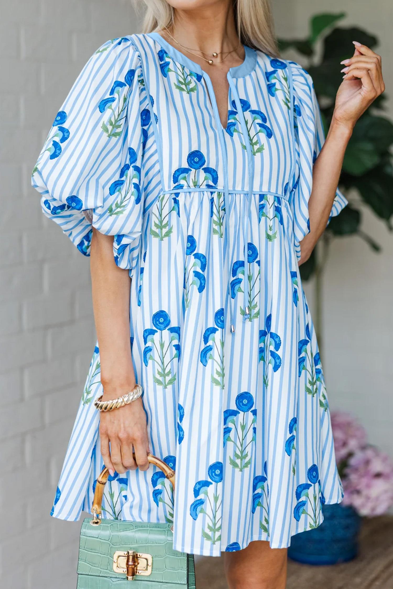 Mntaor Women's Sky Blue Floral Striped Mini Dress with Tie Notched Neck & Puff Sleeves Easy to Wear for Brunch Shopping or Weekend Getaways Mntaor Women's Sky Blue Floral Striped Mini Dress with Tie Notched Neck & Puff Sleeves Easy to Wear for Brunch Shopping or Weekend Getaways