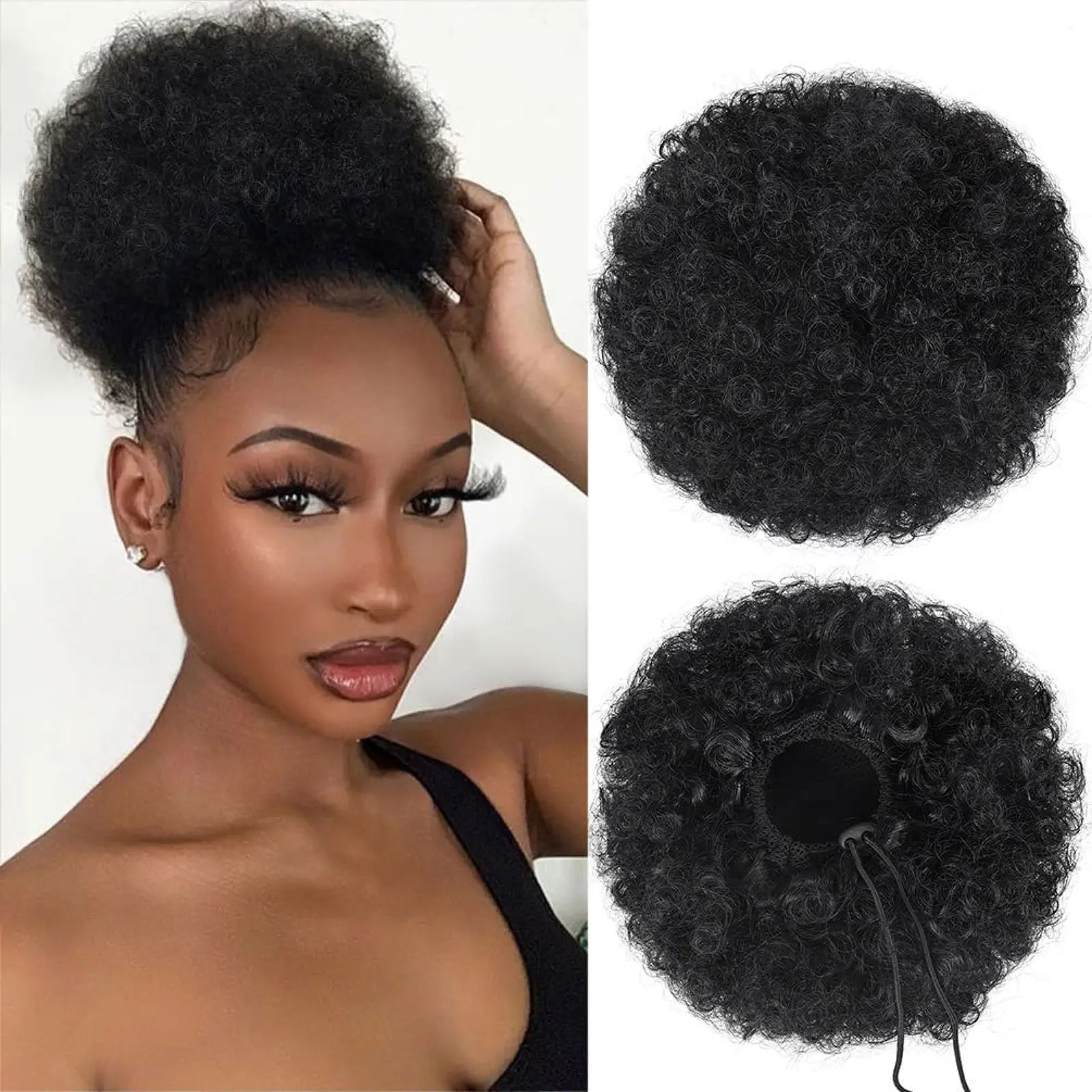 Women's Afro Curly Hair Bun Drawstring Ponytail Extension - Synthetic Hair Pieces, Afro Puff Bun Synthetic Extensions & Pieces, Short African Twisted Chignon, Ideal for Theme Party, Fashion Show