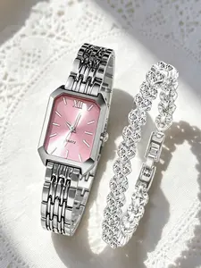 Fashion Rectangular Women's Quartz Watch Rhinestone Bracelet Set, Women's Roman Dial Watch, Girls' Clock Gift, Exquisite Watch Set