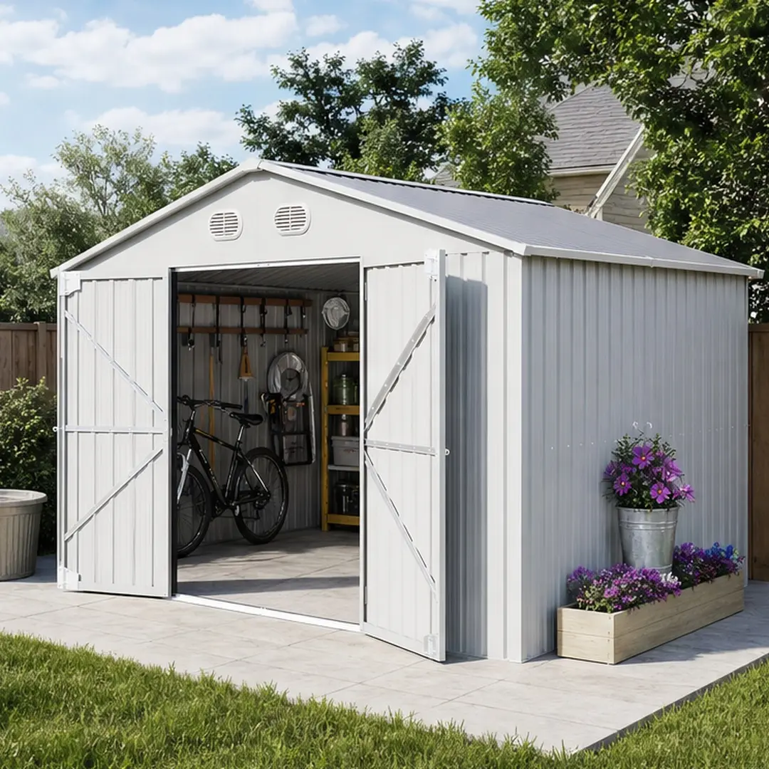 Large Outdoor Metal Storage Shed 10x12 FT, Heavy Duty Garden Tool Shed with Lockable Door, Waterproof UV Resistant Steel Shed for Lawn, Backyard, Patio, White, White Color Options, Metal Material, Product Dimensions: Not Applicable W x Not