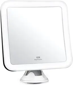 10X Magnifying Lighted Makeup Mirror - Daylight LED Vanity Mirror - Compact, Cordless, Locking Suction, 6.5" Wide, 360 Rotation, Portable Illuminated Bathroom Mirror (Square)