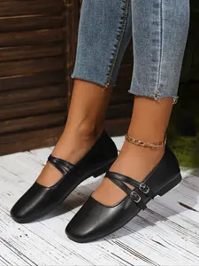 Women's Casual Mary Jane Flat Shoes, Metal Buckle Decoration, Comfortable PU Leather, Round Toe Design, All Seasons Wear, Versatile Shoes