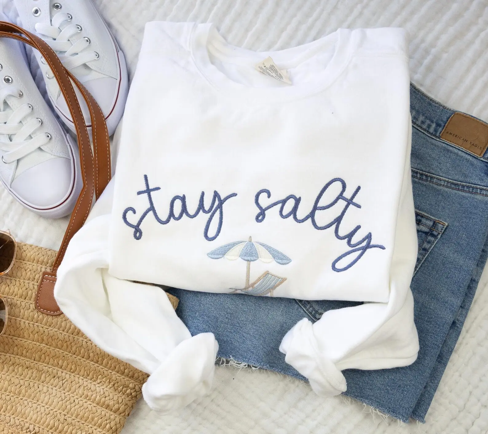 Beach Girl Embroidered Crewneck, Stay Salty Sweatshirt, Coastal Summer Cozy Outfit