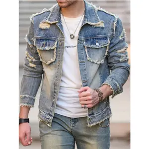 [HME] Amekaki Retro Fashion Denim Jacket, Heavy-duty Washed Nostalgic Style with Holes, Three-dimensional Cut Creative Fringed Details, Fitted Flight Jacket, Lapel Design with Four Pockets, Durable Fabric, Street Trend Men's Denim Jacket