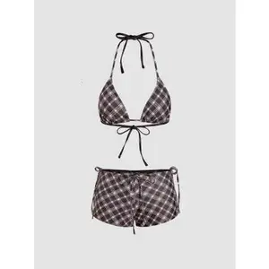 CIDER Halter Neckline Check Knotted Triangle Tie Side Bikini Set With Cover Up Shorts & Headscarf