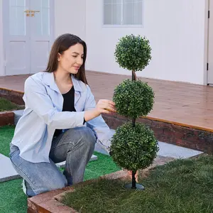 VeriNatural 3ft Artificial Triple Ball Boxwood Topiary Tree – Set of 2, UV Resistant Faux Potted Plants for Home, Garden, Patio, Balcony & Front Porch Decor