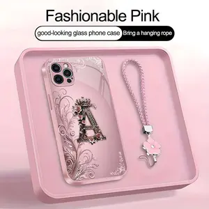 Crown Floral Art 26 letter Phone Case, Suitable for [iPhone 12 Pro] high-end women's, Lanyard a beautiful four-leaf clover lanyard is included🍀 952