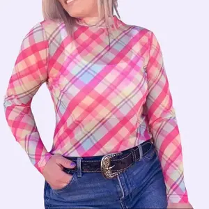 Easter Spring Pastel Plaid Mesh Top - Colorful Checkered Mesh Top for Comfort and Spring Wardrobe with Medium Casual Style - Shirts